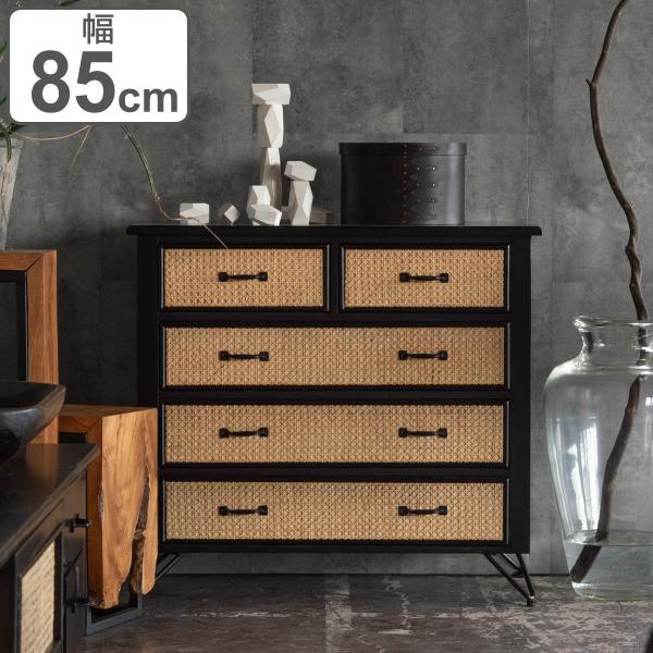 チェスト 4段5杯 エスニック調 ラタン張り 幅80cm （ 収納 引出し 家具 天然木 ラタン 籐...
