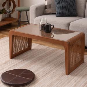 ラタンテーブル 丸型 ガラス天板 籐 ローテーブル 直径60cm