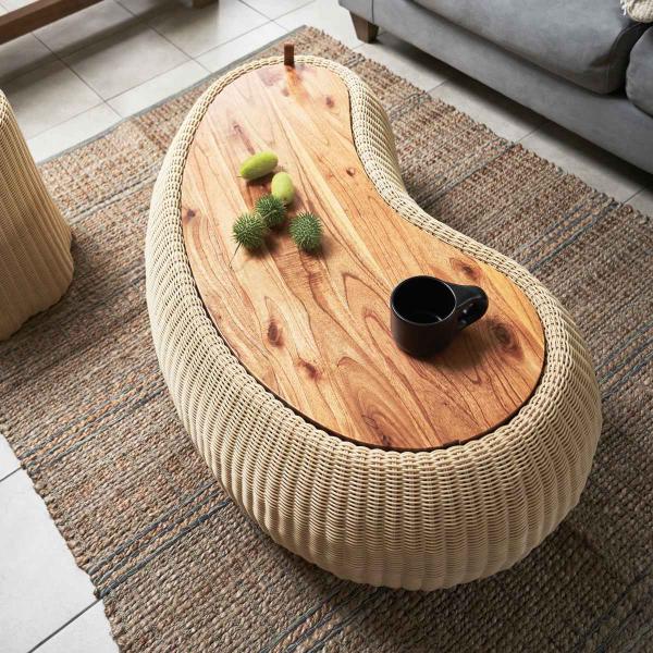 ビーンズ型 センターテーブル 幅114cm ラタン調 （ テーブル リビングテーブル ローテーブル ...