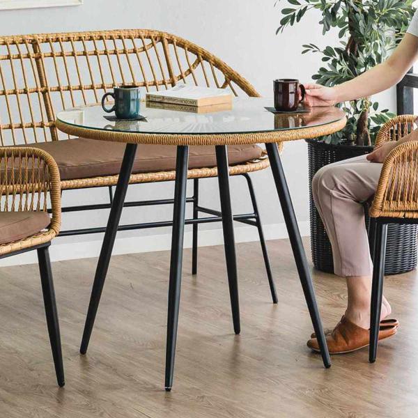 カフェテーブル 直径80cm ラタン調 ガラス マーレ （ テーブル ダイニングテーブル 籐 ガラス...