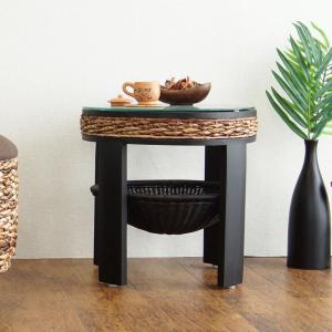 今枝商店 ラタンテーブル 円形 ガラス天板 棚付 籐家具 直径60cm