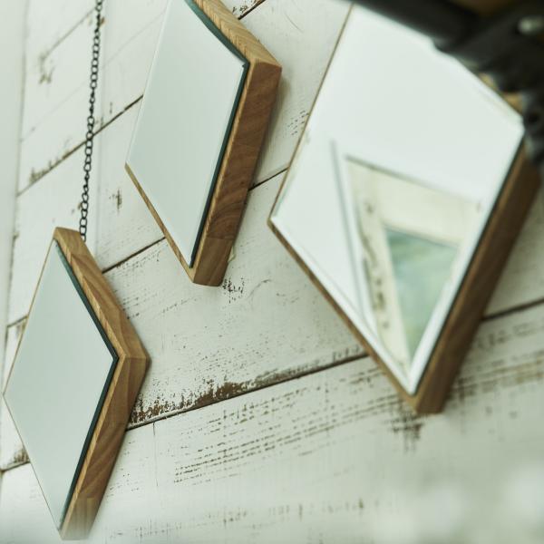 ウォールミラー 3個セット ダイヤ 壁掛けミラー （ 鏡 壁掛け ミラー 3個 菱形 天然木 ）