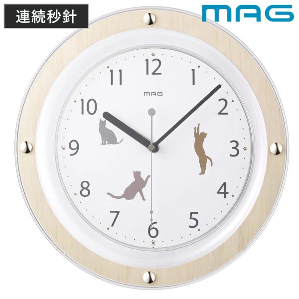 掛け時計 猫 連続秒針 静音 MAG （ 時計 壁掛け時計 ウォールクロック アナログ ネコ ねこ ...