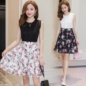 ワンピース レディース 膝丈ワンピース 春夏 花柄×レースきれいめ大きいサイズ ノースリーブショート丈ワンピース 着痩せ 結婚式ドレス 大人 オシャレ３色 新作