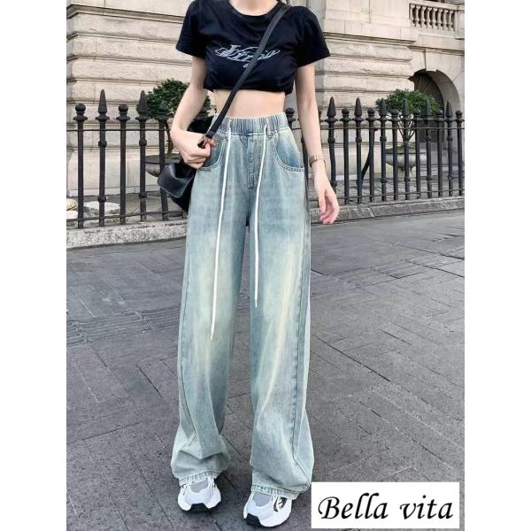 ドローストリングゴムウエスト中学生淡色ジーンズ女性春秋ワイドレッグカジュアルパンツ