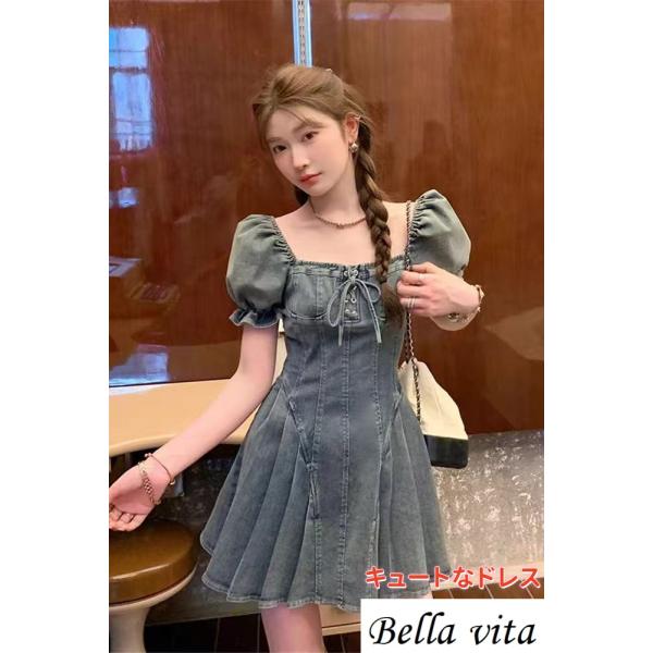 ヴィンテージデニムワンピースウエスト着やせショートスカート