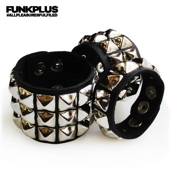 FUNK PLUS ファンクプラス シルバーピラミッド リストバンド スタッズリストバンド メンズ ...
