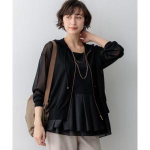 23区（大きいサイズ） シャイニーシアーニット ジップアップ パーカー （ブラック系）