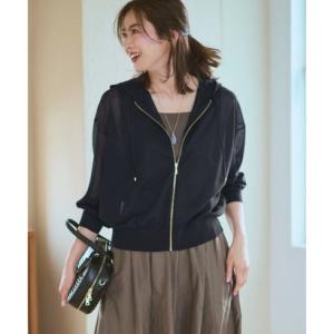 23区（大きいサイズ） シャイニーシアーニット ジップアップ パーカー （ネイビー系）