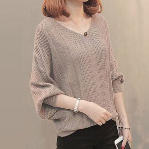 アミュレット Amulet ドルマン風ニット レディース 透かし編み ニット ドルマン 体型カバー リブ袖 Vネック 大人 かわいい