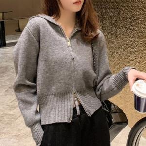 アミュレット Amulet ダブルジップニットパーカー レディース トップス 長袖 秋服 冬服 フード 無地 ショート丈 10代 20代 30代 韓国