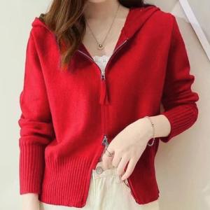 アミュレット Amulet ダブルジップニットパーカー レディース トップス 長袖 秋服 冬服 フード 無地 ショート丈 10代 20代 30代 韓国