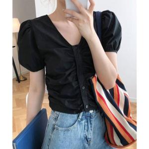 ギャザーブラウス Vネック レディース