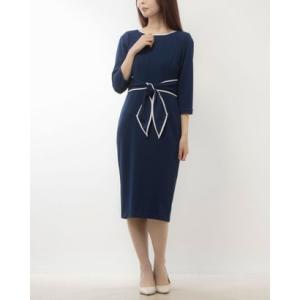 アドリアナパペル Adrianna Papell ☆フロントリボン七分袖タイトワンピース （ネイビーxアイボリー）