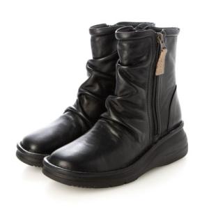 アンナマリア ANNA MALIA 【本革】やわらかレザー ドレープ Wファスナー ショートブーツ （ブラック）
