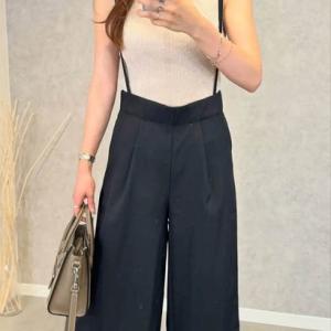アクアガレージ aquagarage リネンライクサスペンダー付きパンツ レディース 春 夏 秋 M （ブラック）