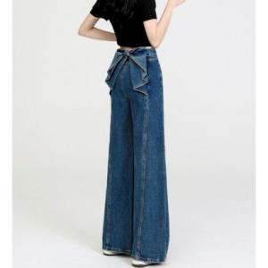 ベルシー Belle Cie デニムパンツ ストレート ボトムス ワイド リボン 美脚 ガーリー レディース 韓国ファッション ジーンズ 個性派 フェ