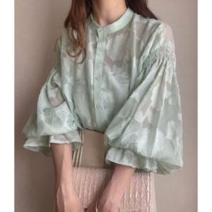 ベルシー Belle Cie シアーブラウス シアートップス ジャガード ボリューム袖 透け感 レディース 韓国ファッション フェミニン きれいめ オ