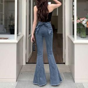 ベルシー Belle Cie フレアデニムパンツ ジーンス デニム バックリボン 美脚 ジーパン レディース 韓国ファッション ハイウエスト トレンド