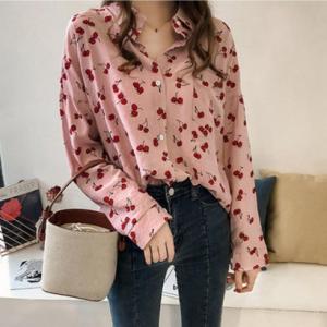 ベルシー Belle Cie シャツ 長袖 ブラウス チェリー フルーツ 個性派 柄 総柄 柄物 レディース 韓国ファッション フレンチカジュアル ガ