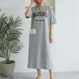 ベルシー Belle Cie ワンピース ロング丈 マキシ丈 半袖 カレッジロゴ ゆったり  レディース 韓国ファッション 体型カバー オーバーサイズ