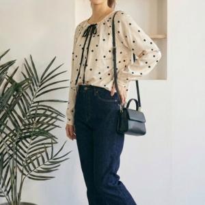 ベルシー Belle Cie ブラウス トップス ボウタイ ドット 長袖 リボンネック 水玉 レディース 韓国ファッション オフィス きれいめ くるみ