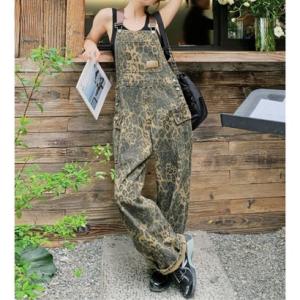 ベルシー Belle Cie サロペット レディース オーバーオール ヒョウ柄 レオパード デニム ワイドパンツ カーゴパンツ つなぎ 体型カバー 大