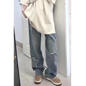 ベルシー Belle Cie 星 ワッペン バギーパンツ ワイドパンツ レディース デニム かわいい 貼り付け デザイン カジュアル ロングパンツ 大