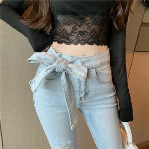 ベルシー Belle Cie リボンダメージ スキニーパンツ ジーンズ デニム レディース 共地ベルトリボン 韓国ファッション ベルシー （サックス）