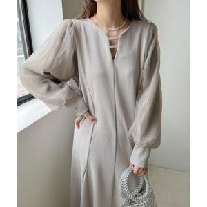 バブ Bab 【低身長向けサイズあり】フレアーライン長袖オーガンジーワンピース （グレージュ）