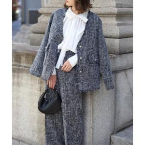 ボンジュールサガン BONJOUR SAGAN ツイードフリンジVネックジャケット （NAVY×WH...