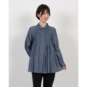 ブローディア BRODIAEA 光沢デニム風シャンブレーシャツ 丸襟長袖ブラウス （ネイビー）