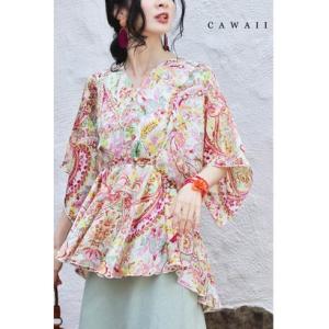 カワイイ CAWAII 春めく彩りペイズリーのバックオープンブラウストップス （ピンク）