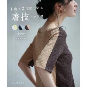 カワイイ CAWAII 1枚で二度楽しめる 着技トップス バイカラー シワ加工 着回し 半袖 カットソー シアー 前後 2WAY 伸縮性 エレガント
