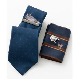 チルワーク バイ クイトランニング CHILLWORK by Quit Running 猫デザインのネクタイ、ネクタイピン、ハンカチ、カフス4点セット