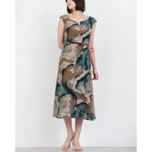 コネクテッドアパレル Connected APPAREL ☆ストレッチチュール素材ノースリーブタイトワンピース （ダークネイビーxベージュマルチ）