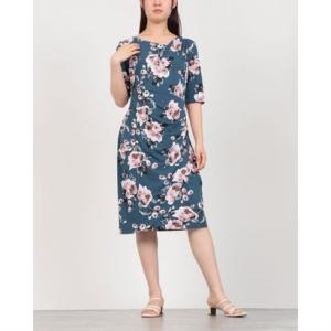 コネクテッドアパレル Connected APPAREL ☆フラワー柄ジャージ素材アシンメトリードレープ五分袖タイトワンピース （アンティークブルーx