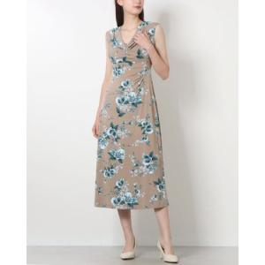 コネクティッドアパレル Connected Apparel ☆フラワー柄ジャージ素材カウルネックノースリーブタイトワンピース （ベージュxグリーン）