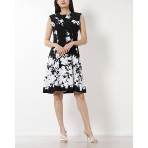 コネクテッドアパレル Connected APPAREL ☆フラワー柄ノースリーブフレアスカートワンピース （ブラックxホワイト）