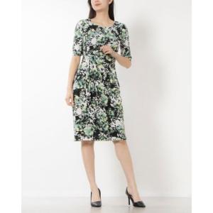 コネクテッドアパレル Connected APPAREL ☆フローラル柄ジャージ素材五分袖オーバーラップスカートタイトワンピース （セージグリーンマル
