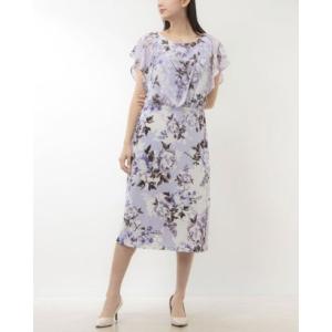 コネクテッドアパレル Connected APPAREL ☆フラワー柄ジャージ素材xシフォンレイヤートップセミタイトワンピース （ラベンダー）