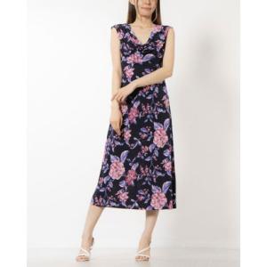 コネクテッドアパレル Connected APPAREL ☆フラワー柄ジャージ素材ノースリーブカウルネックワンピース （ネイビーxピンクマルチ）