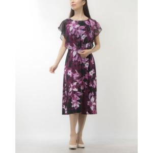 コネクテッドアパレル Connected APPAREL ☆フラワー柄ジャージ素材xシフォンレイヤートップセミタイトワンピース （ブラックxラズベリー