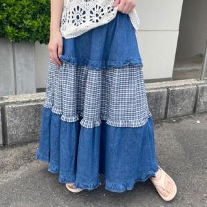 シーアールビー CRB デニムチェック切替スカート （インディゴブルー）