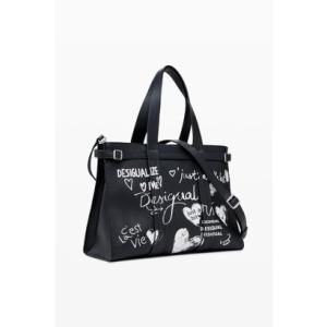 デシグアル Desigual 大きなレタリング入りフェイクレザーショッパーバッグ （グレー/ブラック）