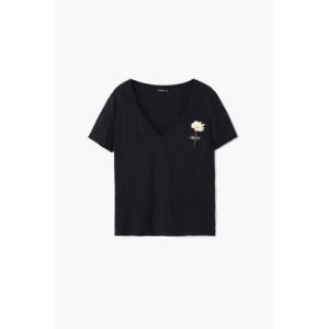 デシグアル Desigual 刺繍花柄VネックTシャツ （グレー/ブラック）