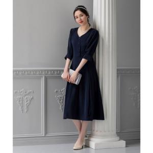 ドレスプラス DRESS+ ワンピース 袖付き 披露宴 オフィス パーティードレス （ネイビー） 結...