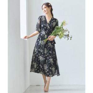 ドレスプラス DRESS+ ワンピース 花柄 カシュクール ミモレ丈 5分袖 （ブラック）