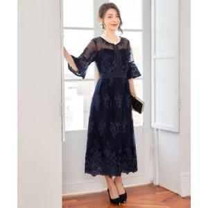 ドレスプラス DRESS+ ワンピース ドレス 総レース ミモレ丈 結婚式 （ネイビー）