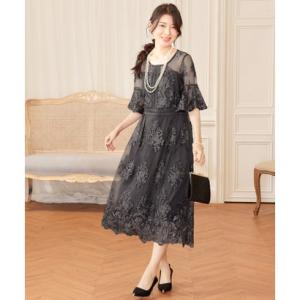 ドレスプラス DRESS+ ワンピース ドレス 総レース ミモレ丈 結婚式 （ダークグレー）
